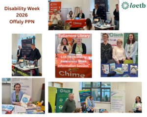 Collage of AT showcase:  This photo is a collage of those who presented and attended an Assistive Technology Showcase during Offaly Disability week.  There are photos of organisations and the equipment they have to assist users.  Chime, Vision Ireland, LOETB, Offaly Libraries, Offaly Disability and Equality Network, and NLN. 